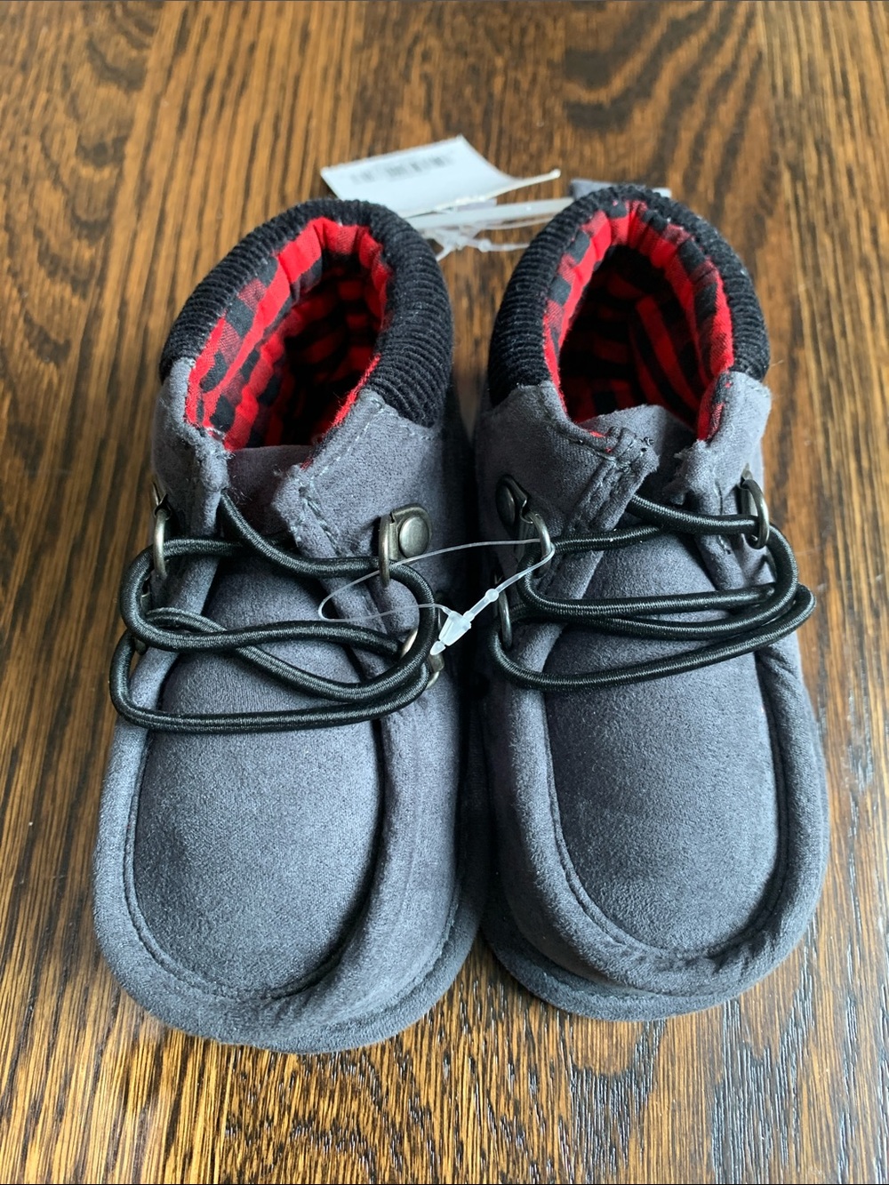 NWT Carter's Gray Moccasin-Style Kids Shoes with Red Plaid Lining - 6-9mo